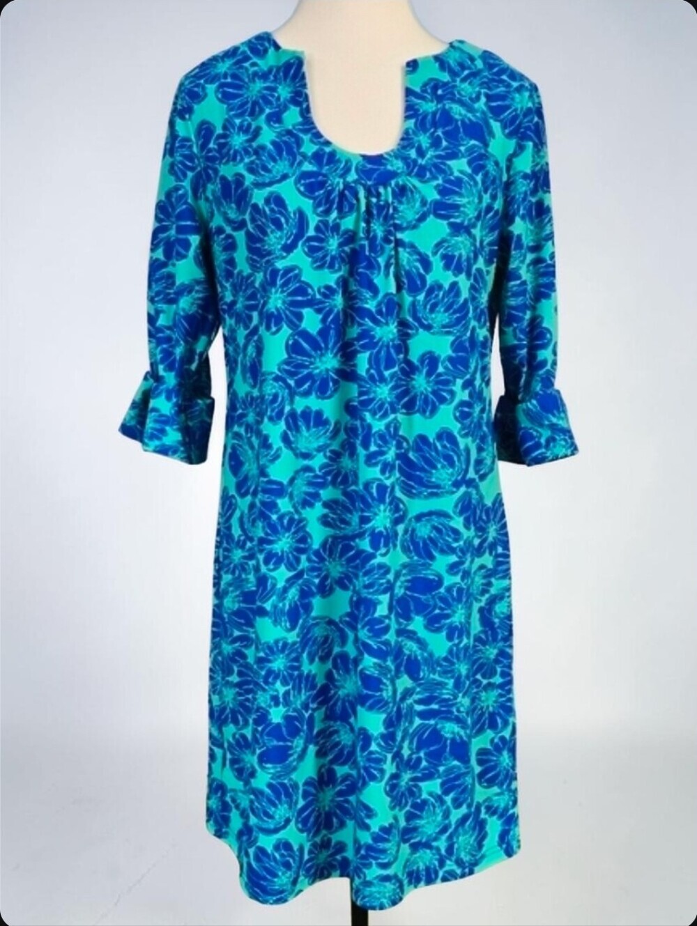 ARYEH | ROUND SPLIT SCOOP NECK ELBOW BELL SLEEVE FLORAL DRESS